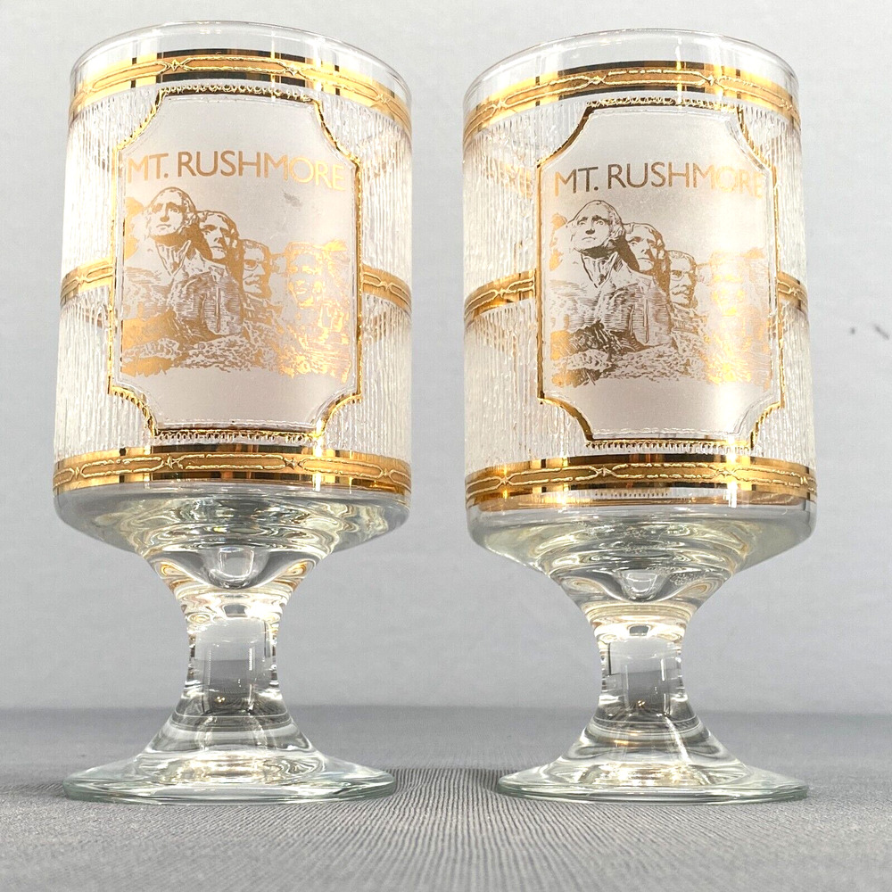 VTG Culver Mt Rushmore 22K Gold Goblets Set 2 Americana MCM Glasses USA